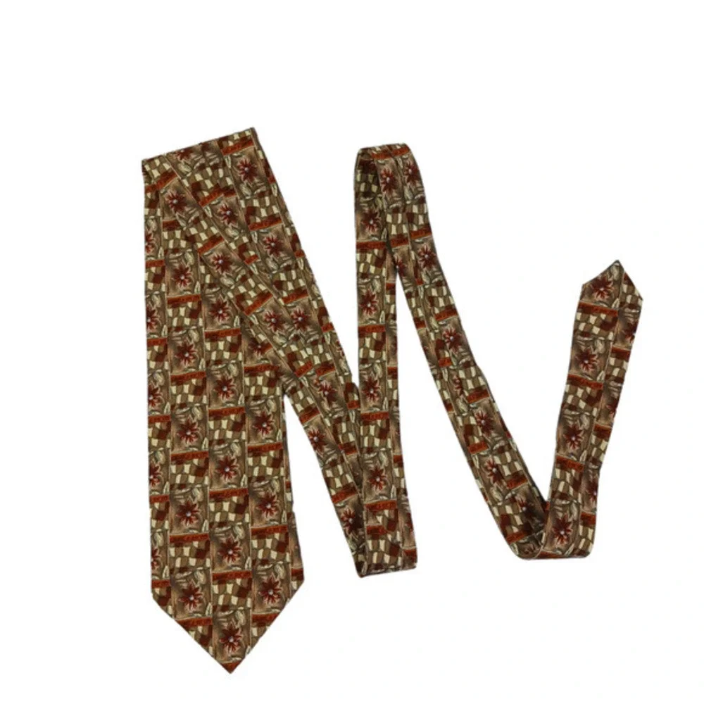 Vintage Escada Silk Neck Tie Made in Italy Brown Floral Geometric‎ 70s Designer